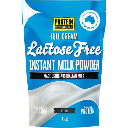1kg tub of Protein Supplies Australia Lactose Free Instant Milk Powder with blue and white branding.