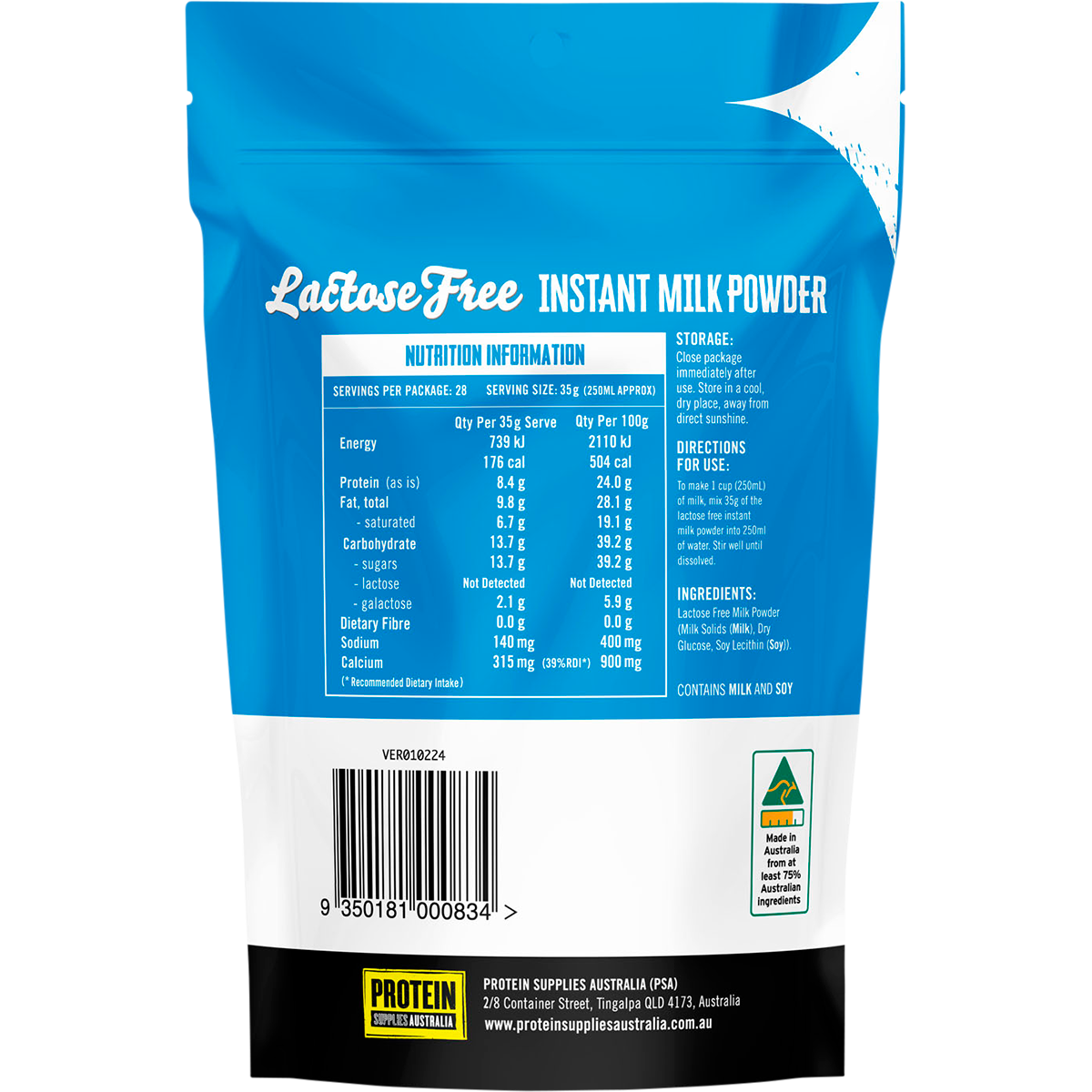 Back of a 1kg tub of Protein Supplies Australia Lactose Free Milk Powder showing nutrition and ingredient labels.