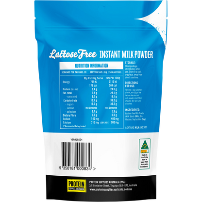 Back of a 1kg tub of Protein Supplies Australia Lactose Free Milk Powder showing nutrition and ingredient labels.