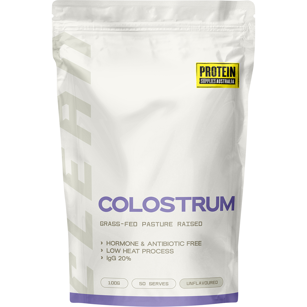 A white stand-up pouch of Protein Australia Colostrum grass-fed pasture raised, featuring a yellow brand logo and purple text on a clean white background.
