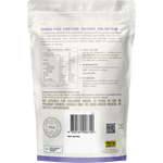 The back of a white resealable pouch of Colostrum grass-fed pasteure raised colostrum, showing product details, nutritional info, how to use, ingredients, storage, and a PSA seal.