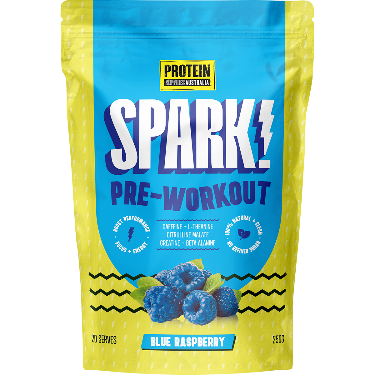 250g tub of Protein Supplies Australia Spark Pre Workout Blue Raspberry with a blue and white label.