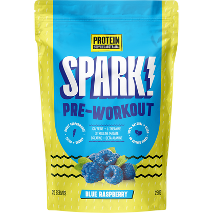 250g tub of Protein Supplies Australia Spark Pre Workout Blue Raspberry with a blue and white label.