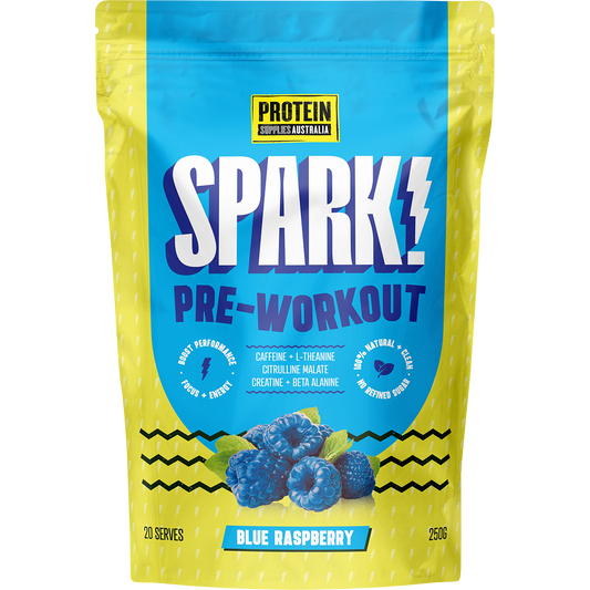 250g tub of Protein Supplies Australia Spark Pre Workout Blue Raspberry with a blue and white label.