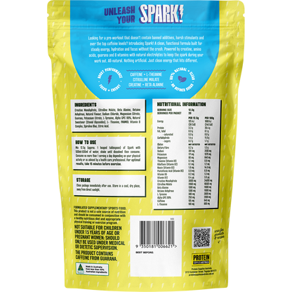 Back of blue Protein Supplies Australia Spark Pre Workout tub showing ingredients, directions, and nutritional information.