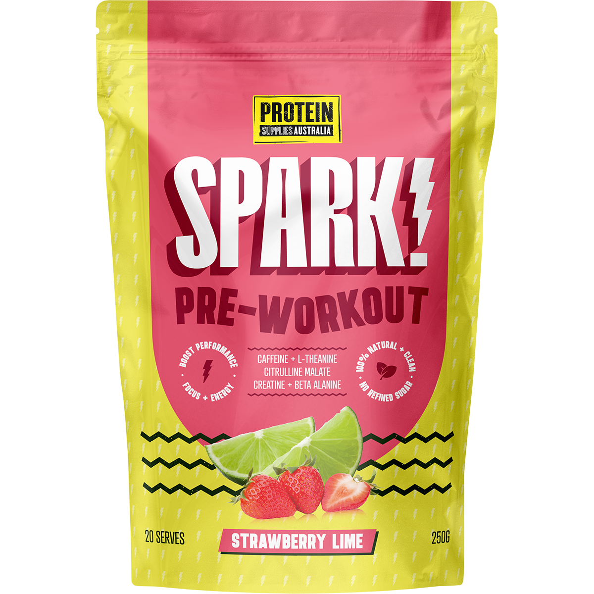 250g pouch of Protein Supplies Australia Spark Pre Workout Strawberry Lime with a red and green label.