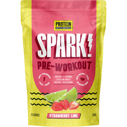 250g pouch of Protein Supplies Australia Spark Pre Workout Strawberry Lime with a red and green label.