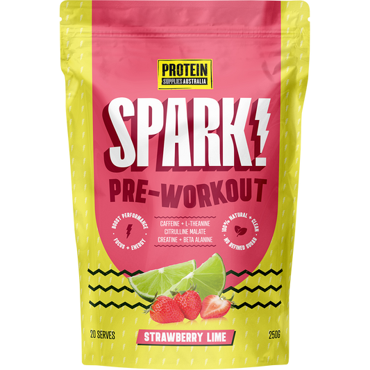 250g pouch of Protein Supplies Australia Spark Pre Workout Strawberry Lime with a red and green label.