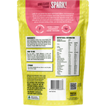 Back of red and green Spark Pre Workout pouch showing nutritional information, ingredients list, and barcode.
