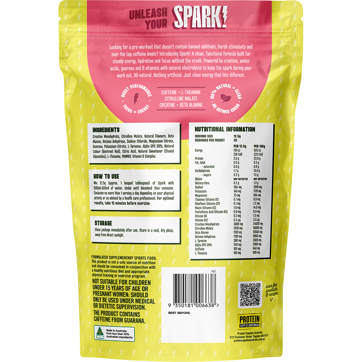 Back of red and green Spark Pre Workout pouch showing nutritional information, ingredients list, and barcode.