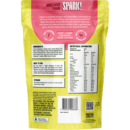 Back of red and green Spark Pre Workout pouch showing nutritional information, ingredients list, and barcode.