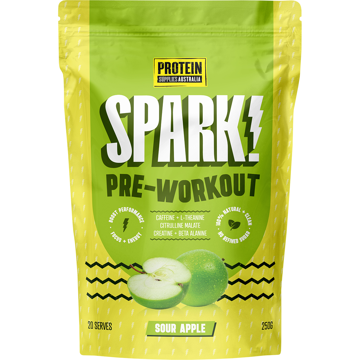 250g tub of Protein Supplies Australia Spark Pre Workout Sour Apple with a green and white label.