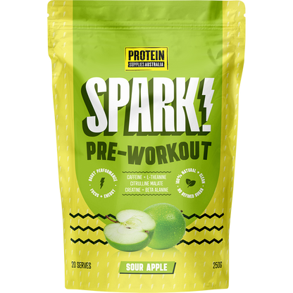 250g tub of Protein Supplies Australia Spark Pre Workout Sour Apple with a green and white label.