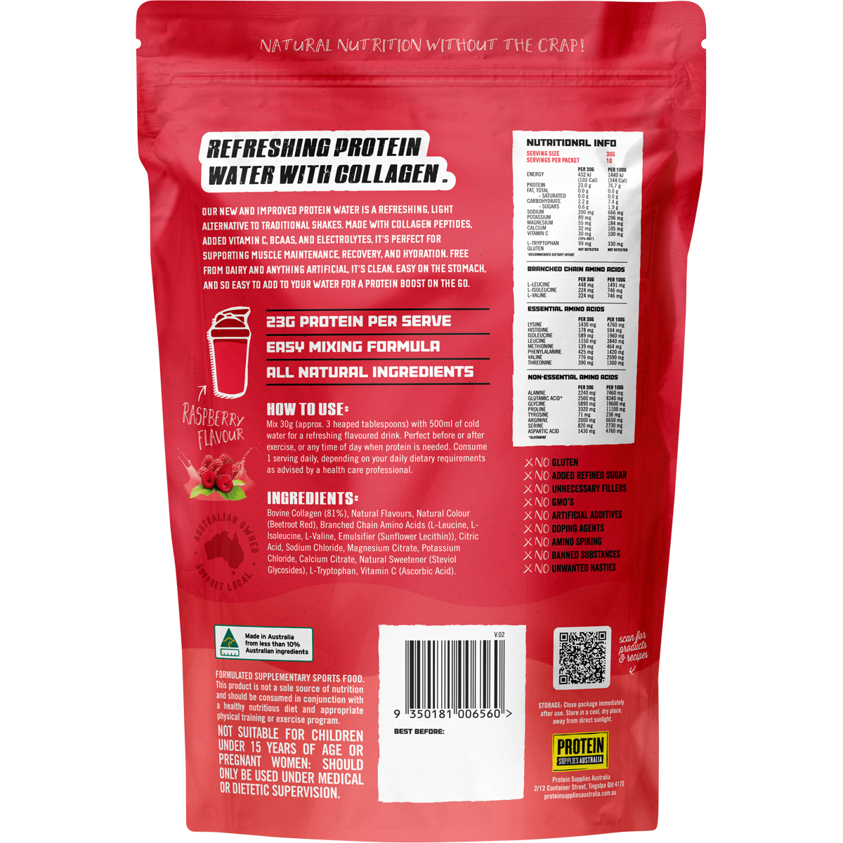 Rear view of a 300g tub of Raspberry Protein Water showing nutrition facts and ingredient list.