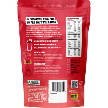 Rear view of a 300g tub of Raspberry Protein Water showing nutrition facts and ingredient list.