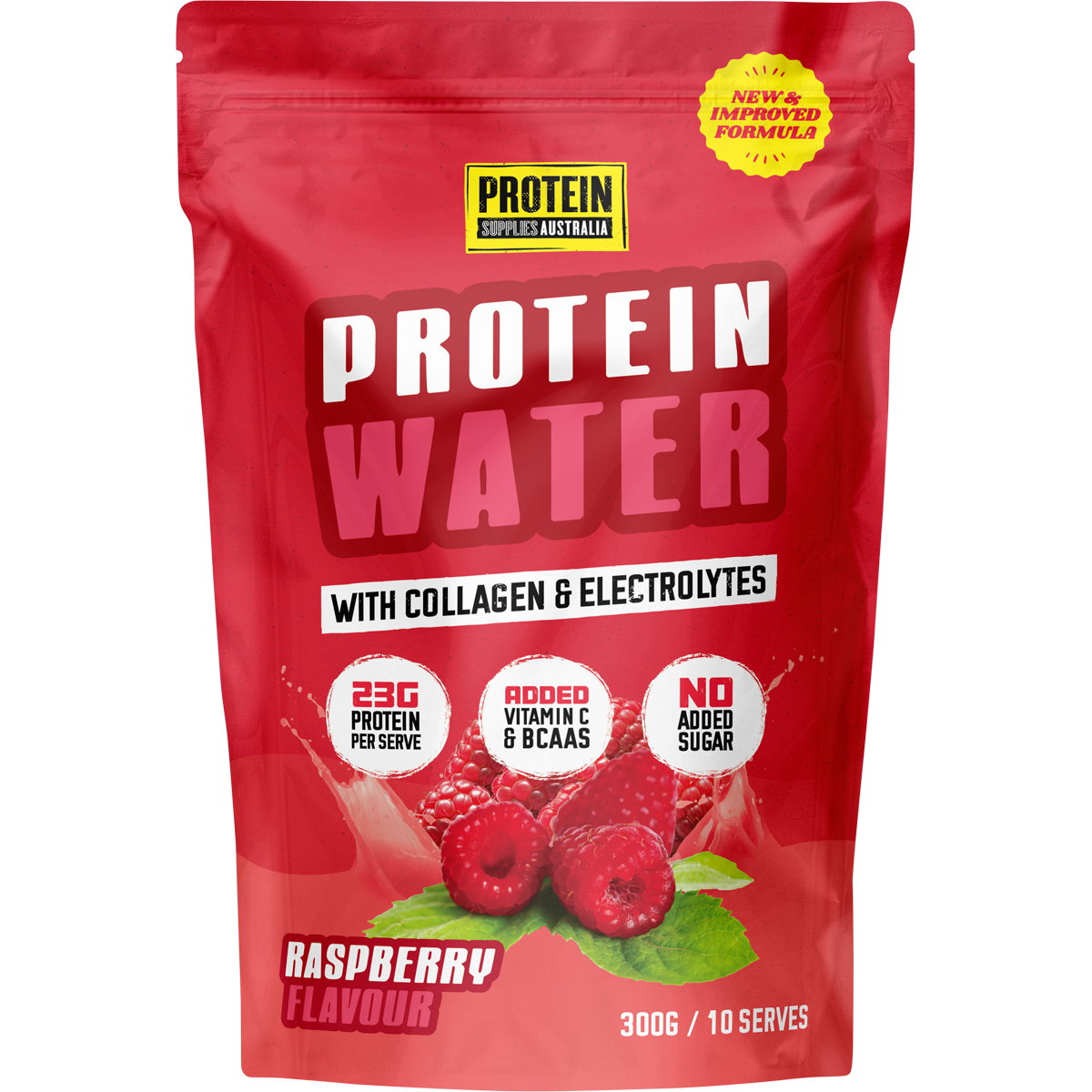 300g tub of Protein Supplies Australia Raspberry Protein Water with collagen, electrolytes, and BCAAs.