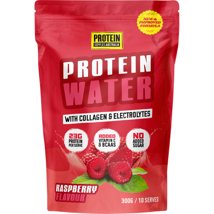 300g tub of Protein Supplies Australia Raspberry Protein Water with collagen, electrolytes, and BCAAs.