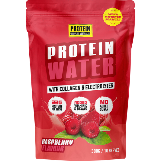 300g tub of Protein Supplies Australia Raspberry Protein Water with collagen, electrolytes, and BCAAs.