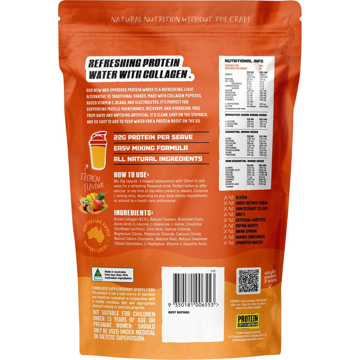 Back of 300g Protein Water Tropical tub showing nutritional information and directions on a white background.