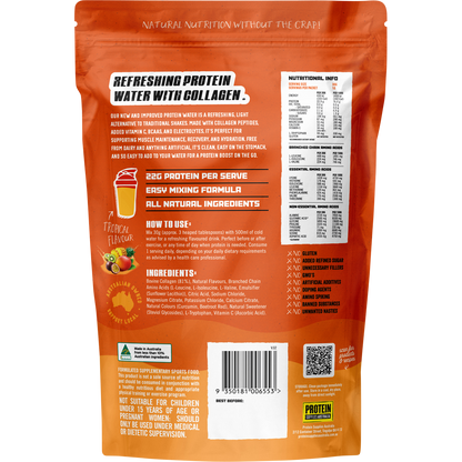 Back of 300g Protein Water Tropical tub showing nutritional information and directions on a white background.