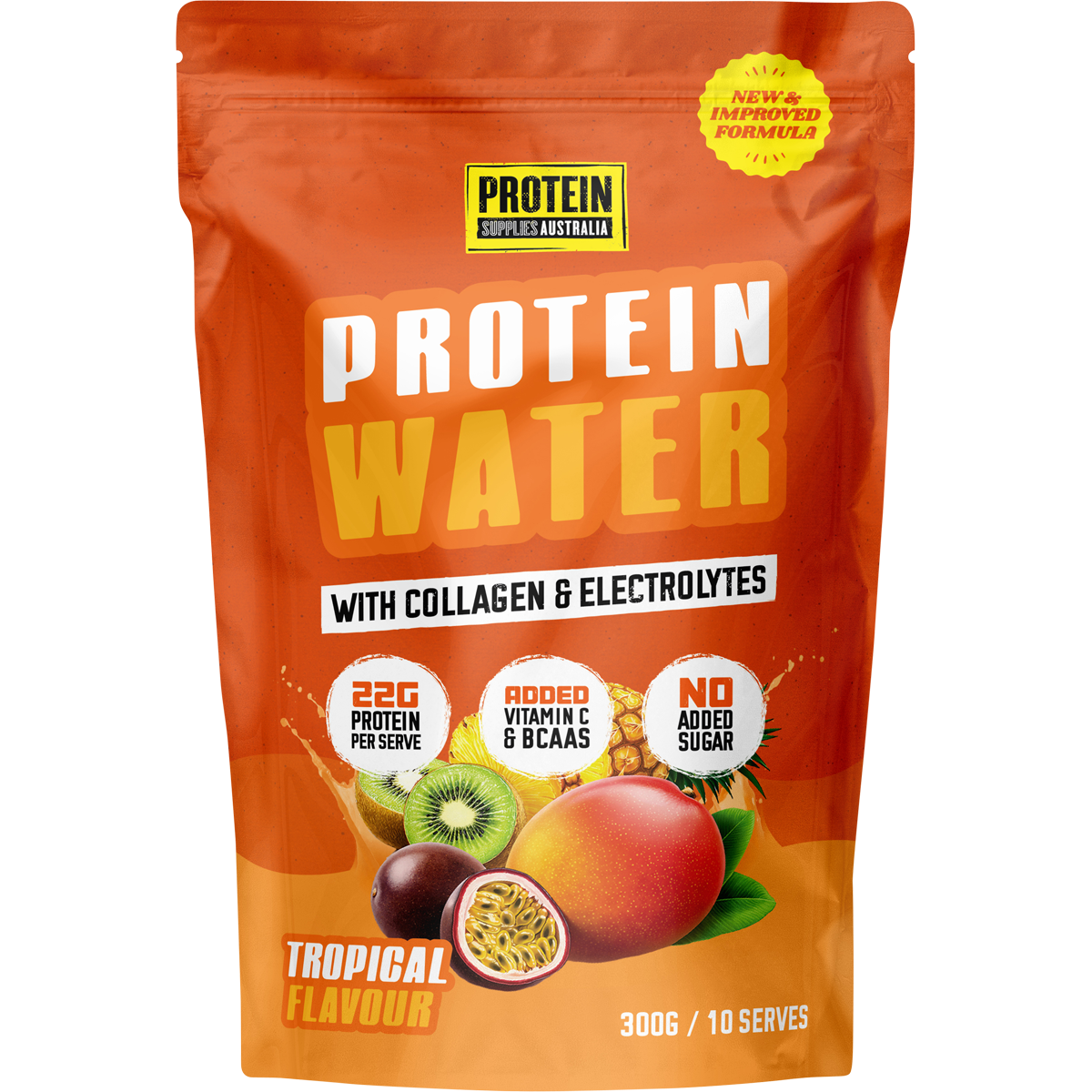 300g tub of Protein Supplies Australia Tropical Protein Water with Collagen and Electrolytes on a white background.