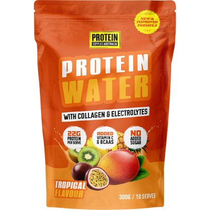 300g tub of Protein Supplies Australia Tropical Protein Water with Collagen and Electrolytes on a white background.
