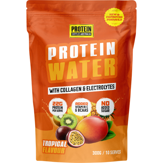 300g tub of Protein Supplies Australia Tropical Protein Water with Collagen and Electrolytes on a white background.