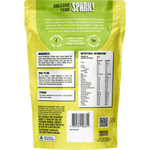 Back of green Spark Pre Workout tub showing nutrition facts, ingredients, directions, and barcode.