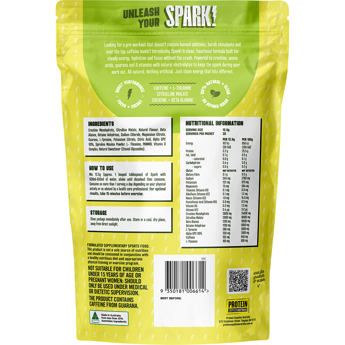 Back of green Spark Pre Workout tub showing nutrition facts, ingredients, directions, and barcode.
