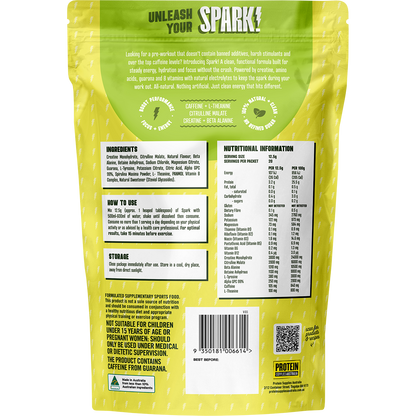 Back of green Spark Pre Workout tub showing nutrition facts, ingredients, directions, and barcode.