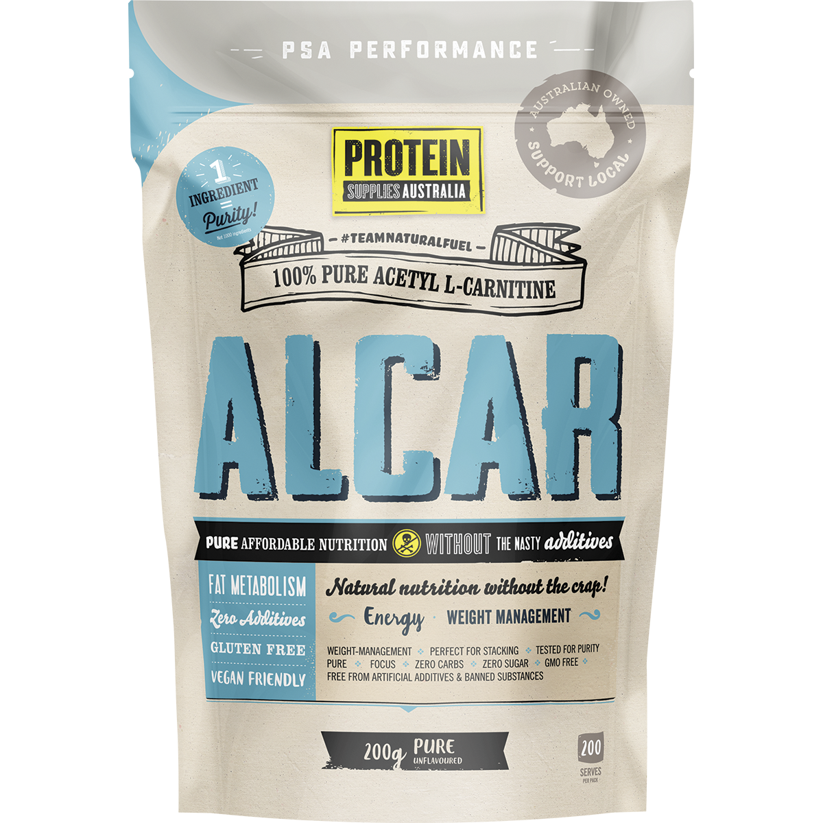 200g tub of Protein Supplies Australia ALCAR Pure Acetyl L-Carnitine powder with a clean white and blue label.