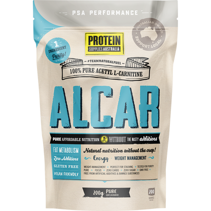 200g tub of Protein Supplies Australia ALCAR Pure Acetyl L-Carnitine powder with a clean white and blue label.