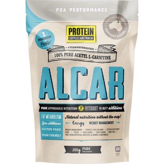 200g tub of Protein Supplies Australia ALCAR Pure Acetyl L-Carnitine powder with a clean white and blue label.