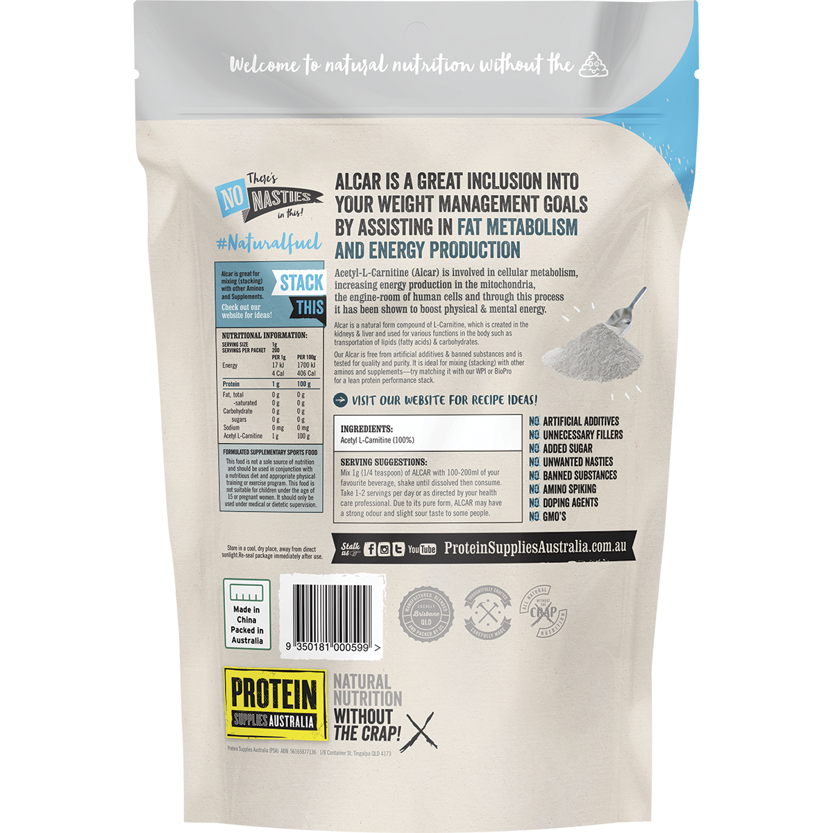 Back label of Protein Supplies Australia ALCAR 200g tub with nutritional info and directions on a blue and white background.