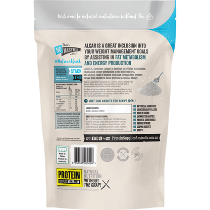 Back label of Protein Supplies Australia ALCAR 200g tub with nutritional info and directions on a blue and white background.