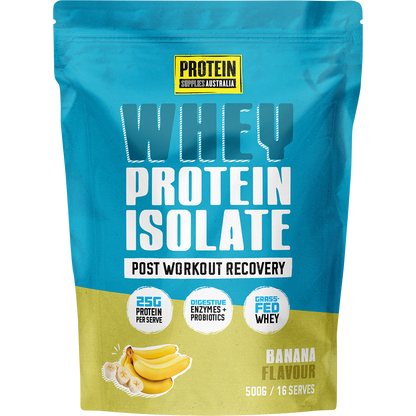 500g pouch of Protein Supplies Australia Banana Whey Protein Isolate with a yellow label and banana graphics.