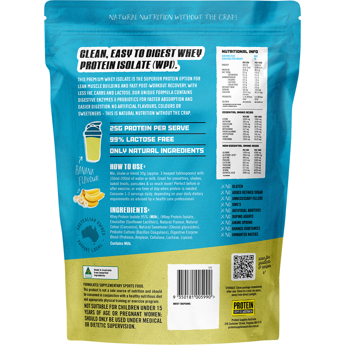 Rear view of Protein Supplies Australia Banana WPI 500g pouch showing nutrition facts and ingredient list.