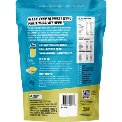 Rear view of Protein Supplies Australia Banana WPI 500g pouch showing nutrition facts and ingredient list.