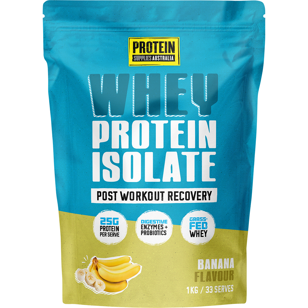 1kg bag of Protein Supplies Australia Whey Protein Isolate in banana flavor with a clean, modern white label.