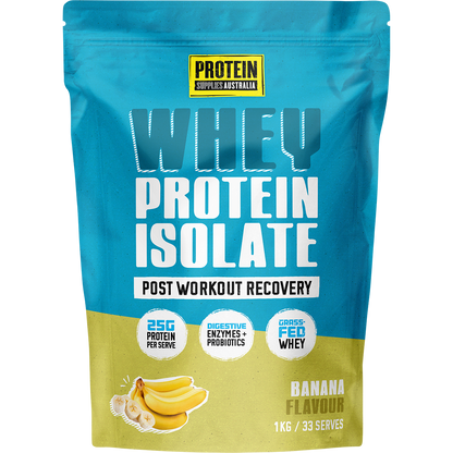 1kg bag of Protein Supplies Australia Whey Protein Isolate in banana flavor with a clean, modern white label.