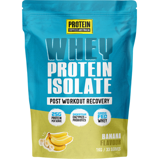 1kg bag of Protein Supplies Australia Whey Protein Isolate in banana flavor with a clean, modern white label.