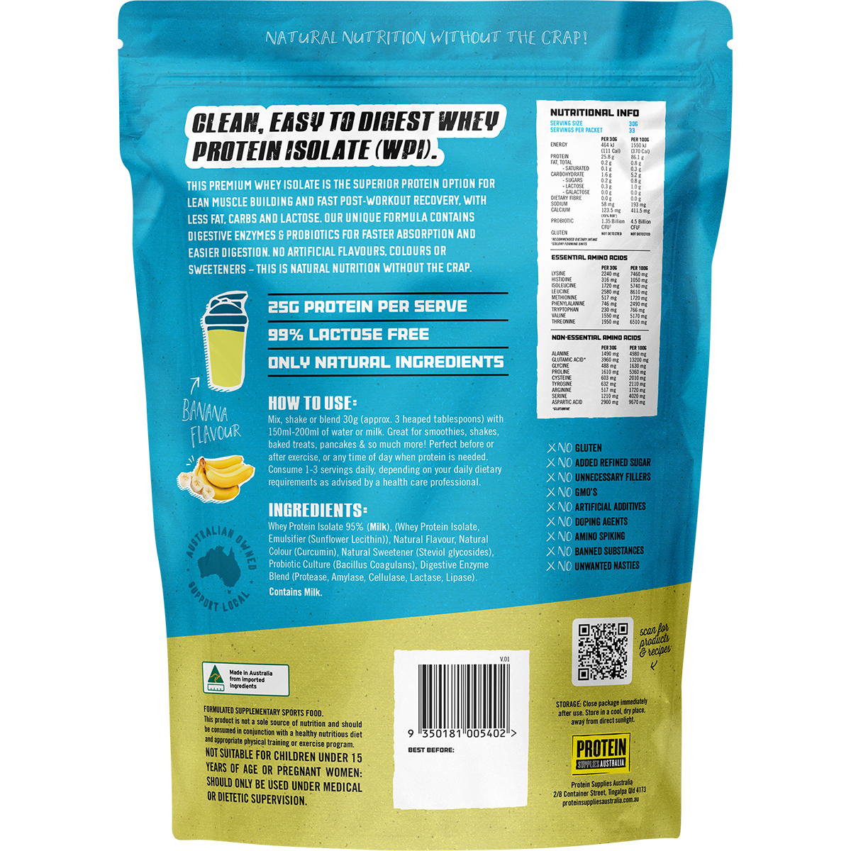 Back of Protein Supplies Australia 1kg Banana WPI bag showing nutritional information and ingredients.