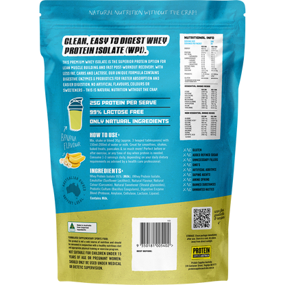 Back of Protein Supplies Australia 1kg Banana WPI bag showing nutritional information and ingredients.