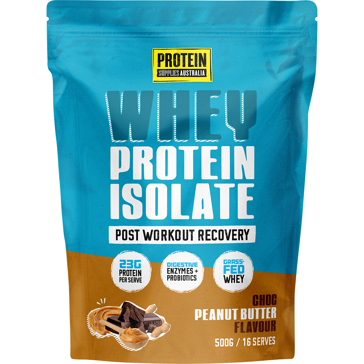 Protein Supplies Australia WPI Choc Peanut Butter 500g bag with a white and brown label on a white background.