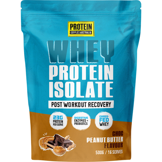 Protein Supplies Australia WPI Choc Peanut Butter 500g bag with a white and brown label on a white background.