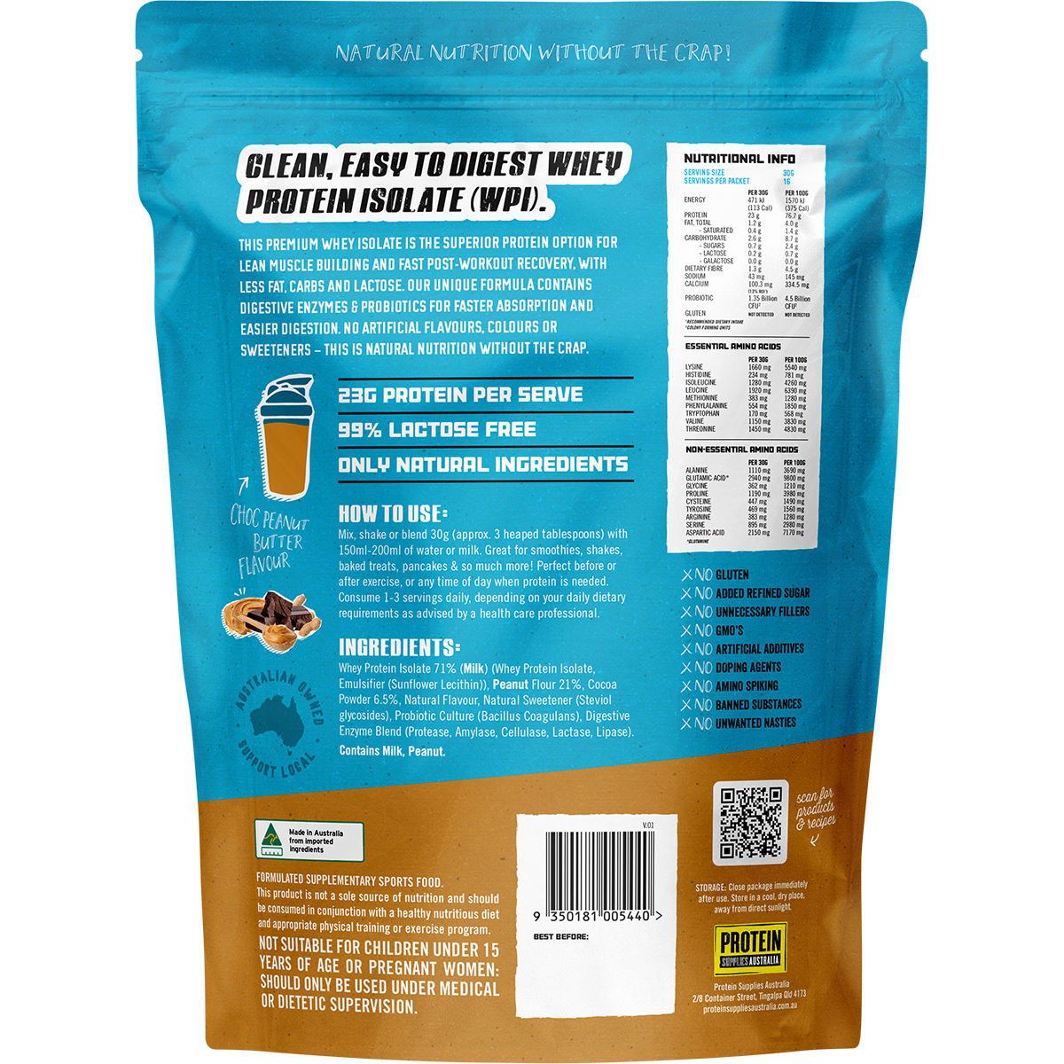 Back of Protein Supplies Australia WPI Choc Peanut Butter 500g bag showing nutritional facts and ingredients.
