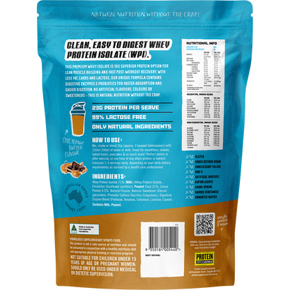 Back of Protein Supplies Australia WPI Choc Peanut Butter 500g bag showing nutritional facts and ingredients.