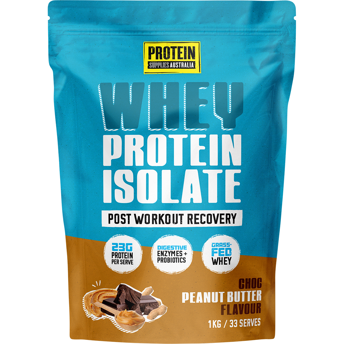 1kg tub of Protein Supplies Australia Choc Peanut Butter WPI with a brown and white label on a white background.