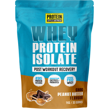 1kg tub of Protein Supplies Australia Choc Peanut Butter WPI with a brown and white label on a white background.