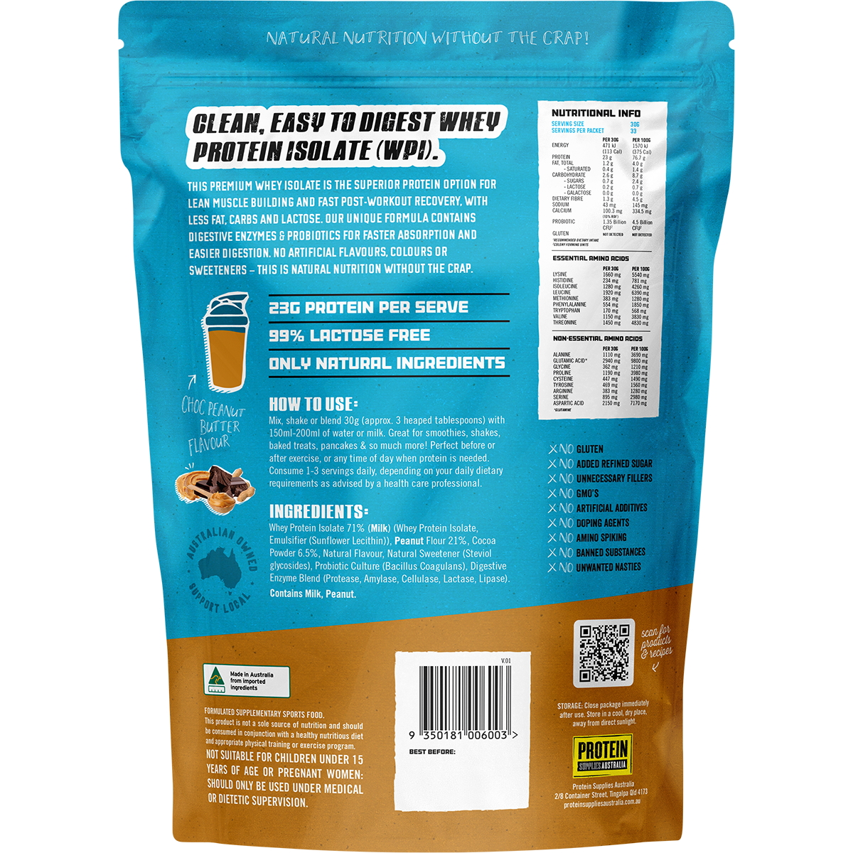 Back of Protein Supplies Australia 1kg Choc Peanut Butter WPI tub showing ingredients and nutritional information.